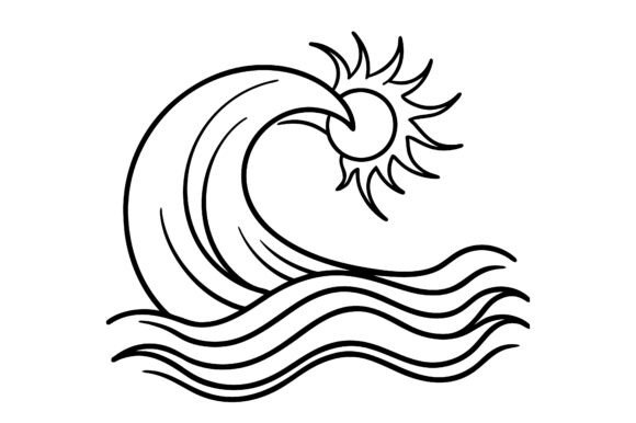 Abstract Wave and Sun Minimal Line Sketch: A Practical Design Asset