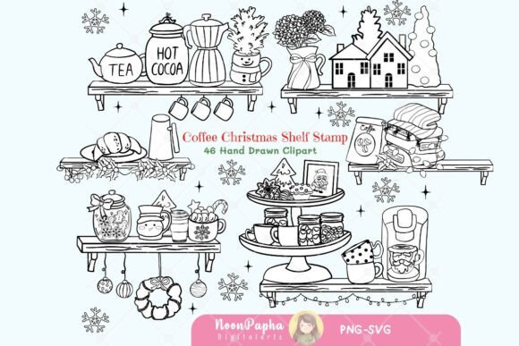 Coffee Christmas Shelf Stamp Clipart PNG: A Cozy Digital Resource